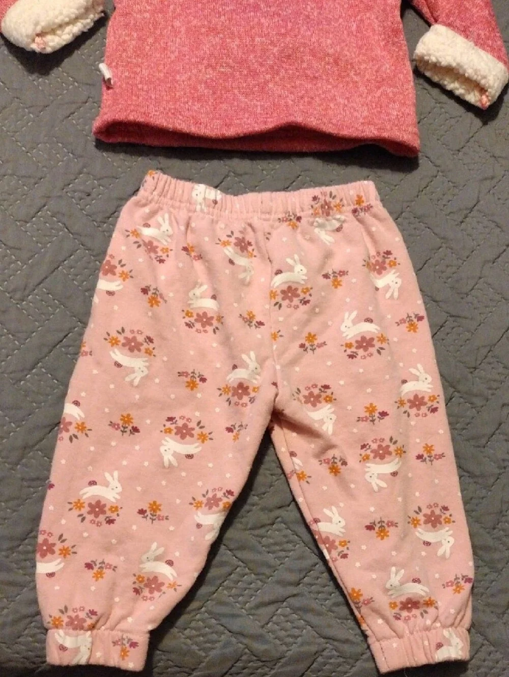Girls Pink Bunny Two-Piece Set with Sherpa Cuff Top